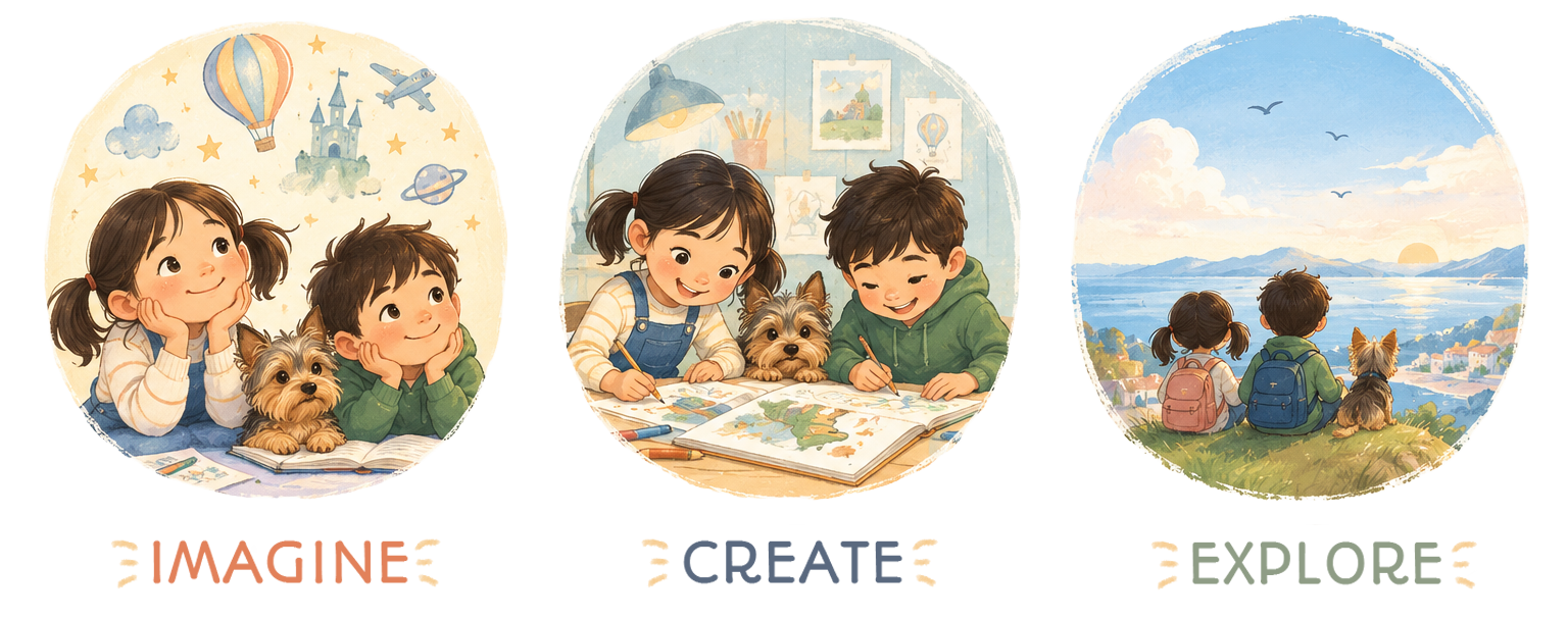 Three circles: Imagine, Create, Explore